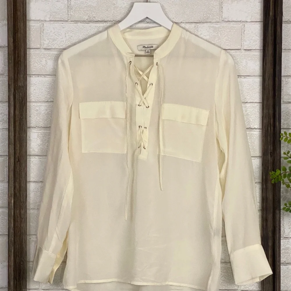 Madewell Silk Lace Up Blouse in Ivory Off-White - Picture 11 of 16